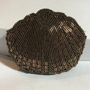 Vintage Copper Bronze Brown Beaded Bag / Small Zip Clutch
